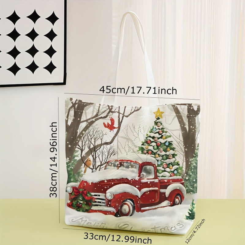 Christmas Print Tote Bag, Large Capacity Canvas Shoulder Bag, Causal Handbag & Grocery Shopping Bag