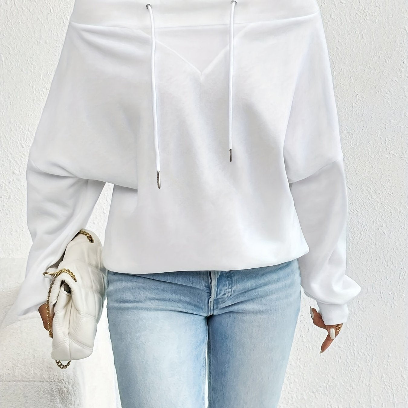 Cozy Off-The-Shoulder Drawstring Pullover Sweatshirt - Women's Casual Long Sleeve Crew Neck Apparel for Spring & Fall - Soft, Breathable, and Comfortable Fashion Clothing