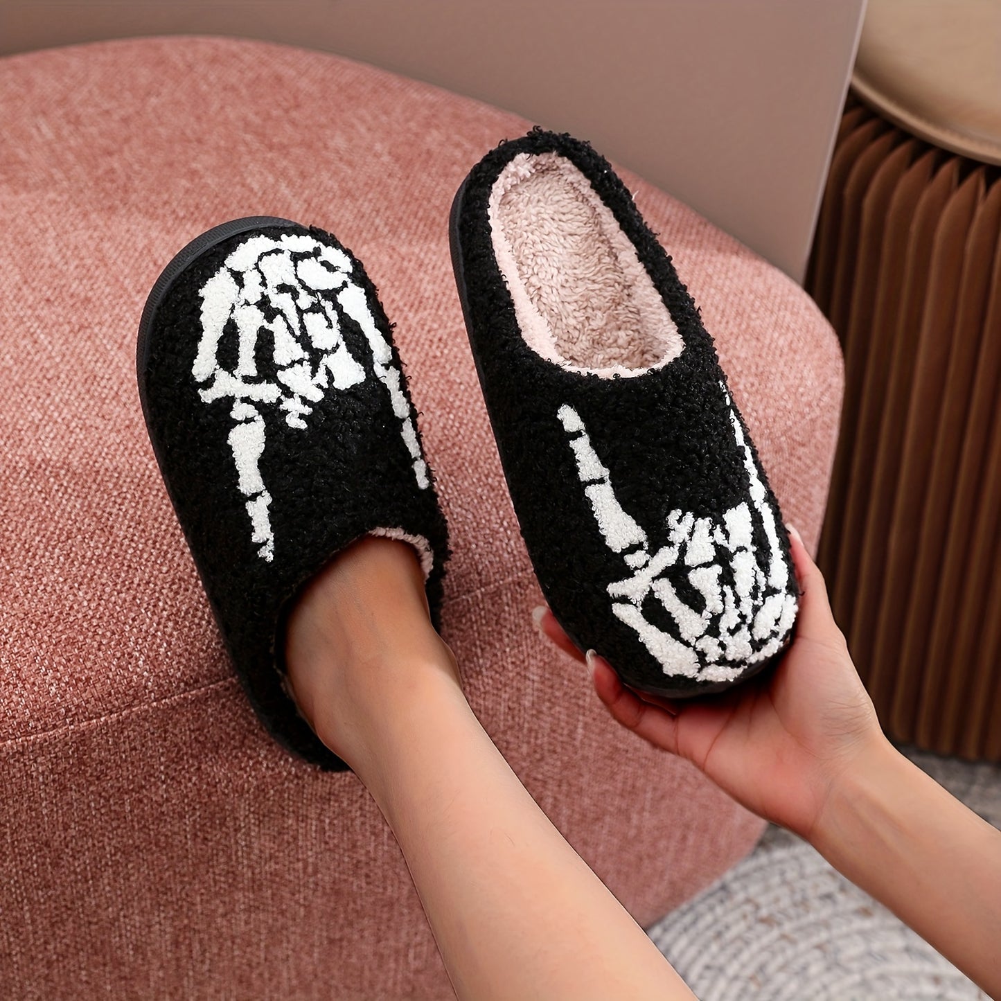 Cozy Cartoon Skeleton Hand Fuzzy Slippers - Soft, Warm, and Plush Slip-On Shoes with TPR Sole for Music Festival and Winter - Cartoon Patterned, Punk Style, Fabric Upper and Insole, All-Season Wear