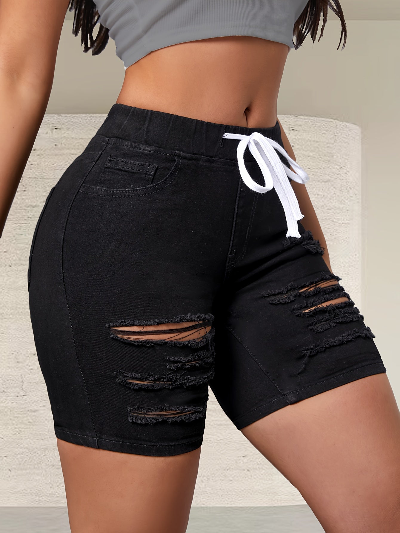 Womens Chic Black Ripped Denim Bermuda Shorts - Adjustable Drawstring, Pockets, Mid-Thigh Length, Perfect for Casual Summer Styling