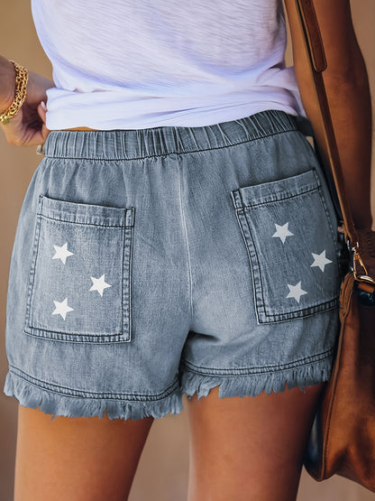 Womens Star Print Denim Shorts - Comfortable Elastic Waistband with Drawstring, Trendy Raw Hem, Distressed Blue Wash - Versatile Jeans Shorts for Fashion-Forward Style