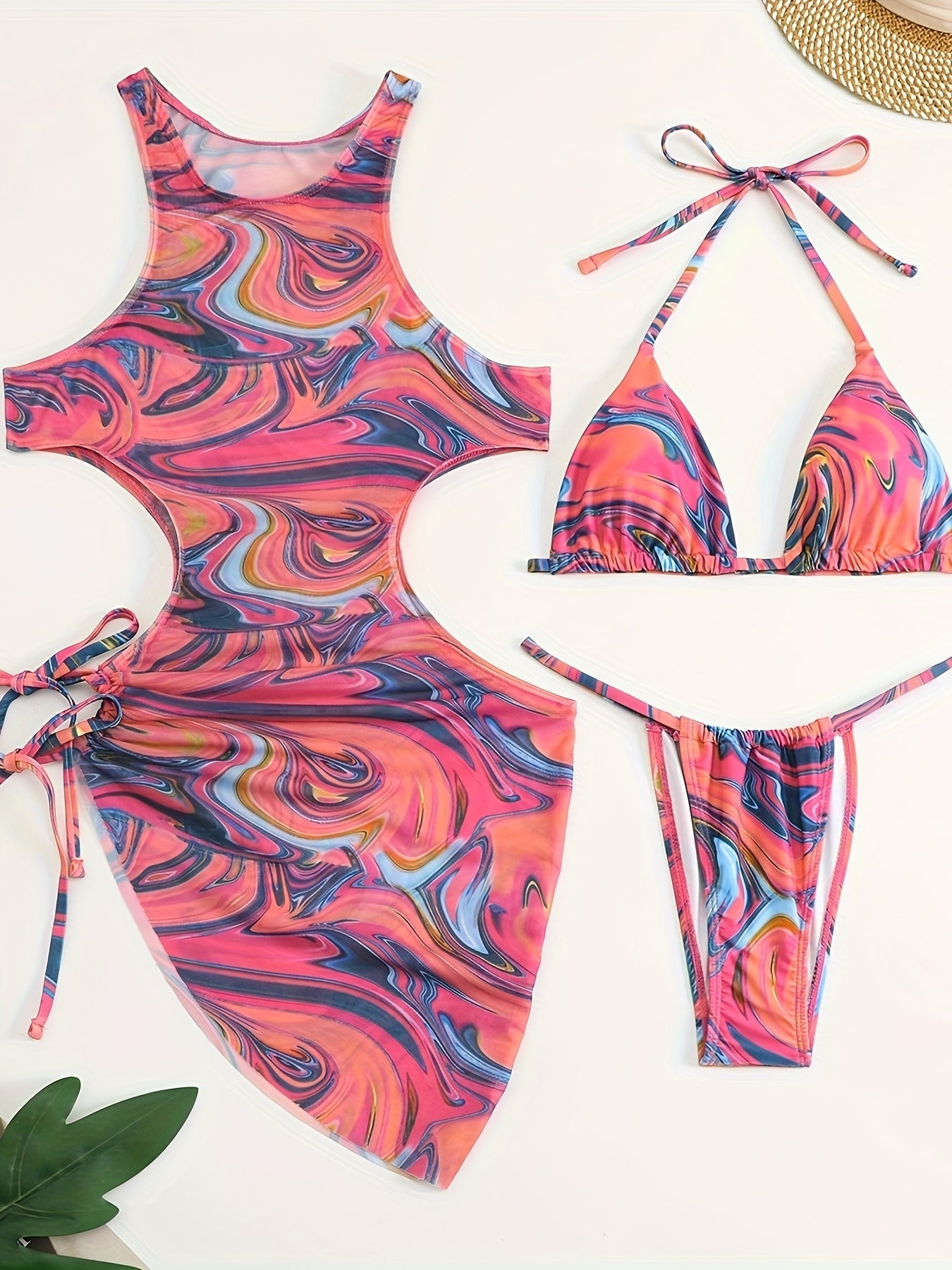 3-Piece Tropical Print Swimsuit Set - High-Stretch, Lace-Up Bikini Top with Tie, High-Waisted Cutout Bottom, Sun Protective Cover-Up Dress, Machine Washable, Polyester Fabric, Knit Construction