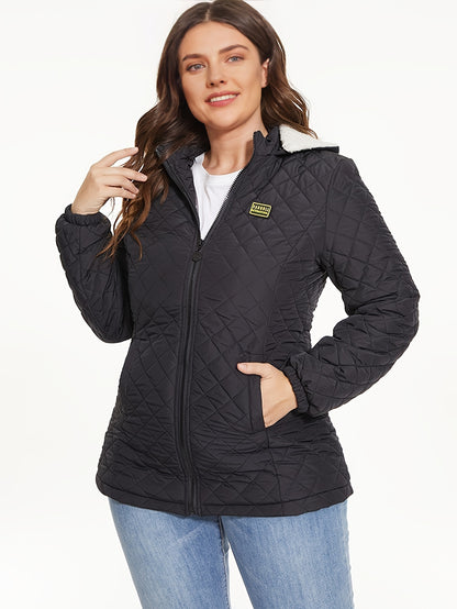 Full Zip Long Sleeve Quilted Down Jacket, Casual Hooded Dual Pockets Down Jacket For Fall & Winter, Women's Clothing