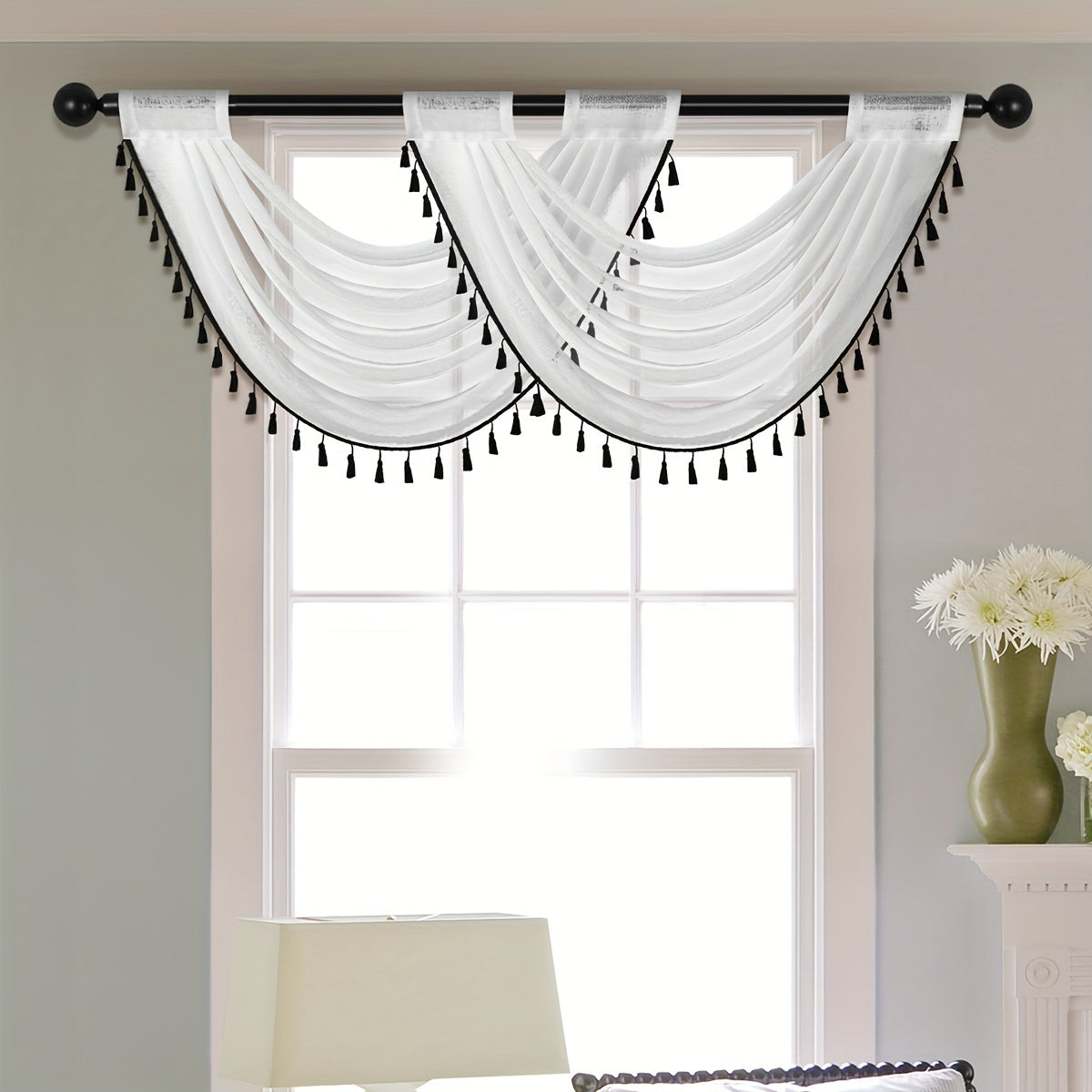 1pc Fashionable Sheer Wave Curtain Valance With Tassels Edge - Light-Transmitting, Rod Pocket, Perfect For Living Room, Bedroom, And Kitchen - 30x24 Inches