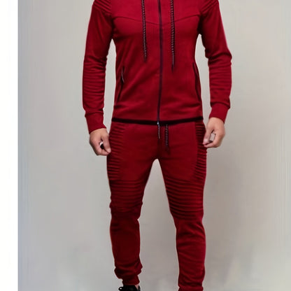 2PCS Mens Casual Sweatsuits - Solid Color Long Sleeve Hoodie with Zip Pockets and Relaxed Fit Straps Pants for Everyday Wear - Comfortable and Stylish Loungewear Set