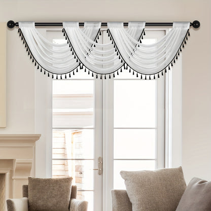 1pc Fashionable Sheer Wave Curtain Valance With Tassels Edge - Light-Transmitting, Rod Pocket, Perfect For Living Room, Bedroom, And Kitchen - 30x24 Inches