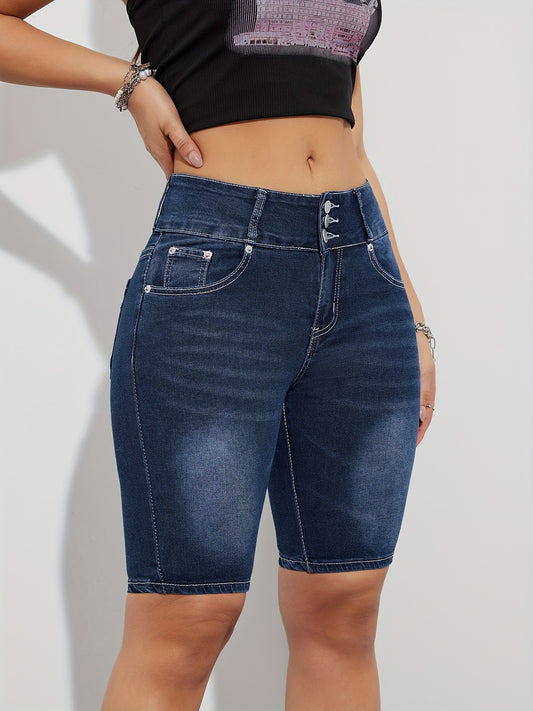 Womens Fashionable Bermuda Denim Shorts - Ultra-Comfortable Stretch with Distressed Whiskering Wash - Trendy Slash Pockets, Single-Breasted Design - Classic Blue Jeans & Casual Clothing Essential