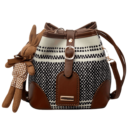 Fashion Bucket Handbag For Women Contrast Color Canvas Crossbody Shoulder Bag With Cute Pendant Casual Messenger Bag