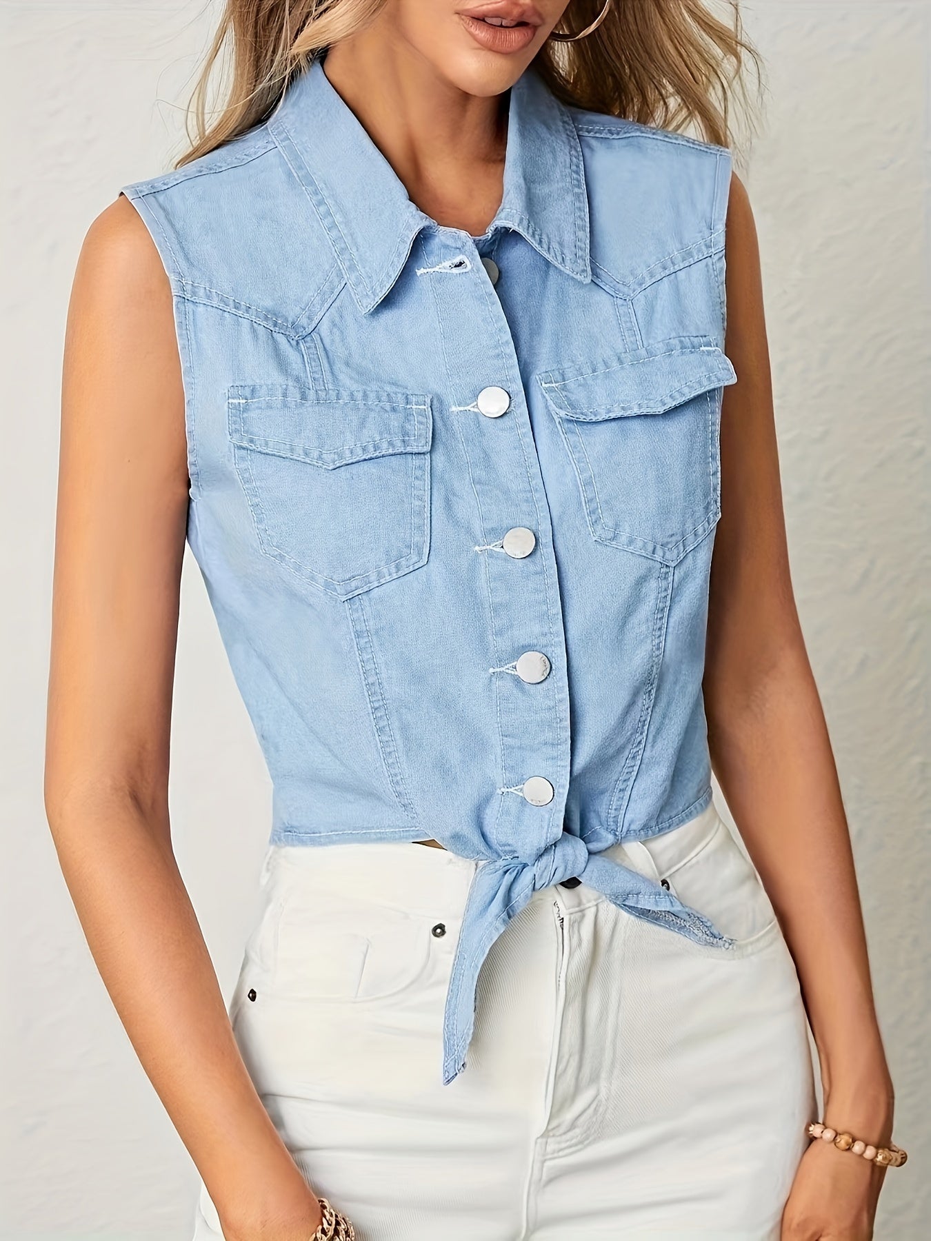 Chic Denim Sleeveless Tie-Front Shirt with Flap Pockets - Elegant & Stylish Summer Top for Casual Days