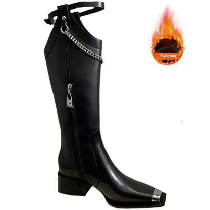 Women's Knee-High New Autumn And Winter Metal Chain Mid-Heel Square Toe Thick Heel High Boots Kq8