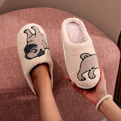 Cozy Cartoon Pug Dog Pattern Slippers - Soft Fabric Lined, Plush Comfortable Indoor Shoes with TPR Sole, Casual Slip-On Design for All-Season Wear - Cartoon Character Print, Fabric Upper, and Anti-Slip Bottom