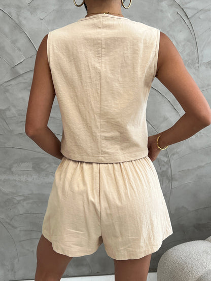 Vibrant Solid Color Shorts Set - Chic V Neck Vest with Button Front and Elastic Waist Shorts - Polyester, Machine Washable, Elegant Summer Outfit for Women