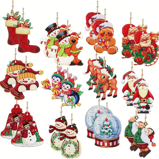 24pcs Wooden Christmas Ornaments, Farmhouse Style Hanging Decor, Vintage Santa Snowman Pendants for Home Party