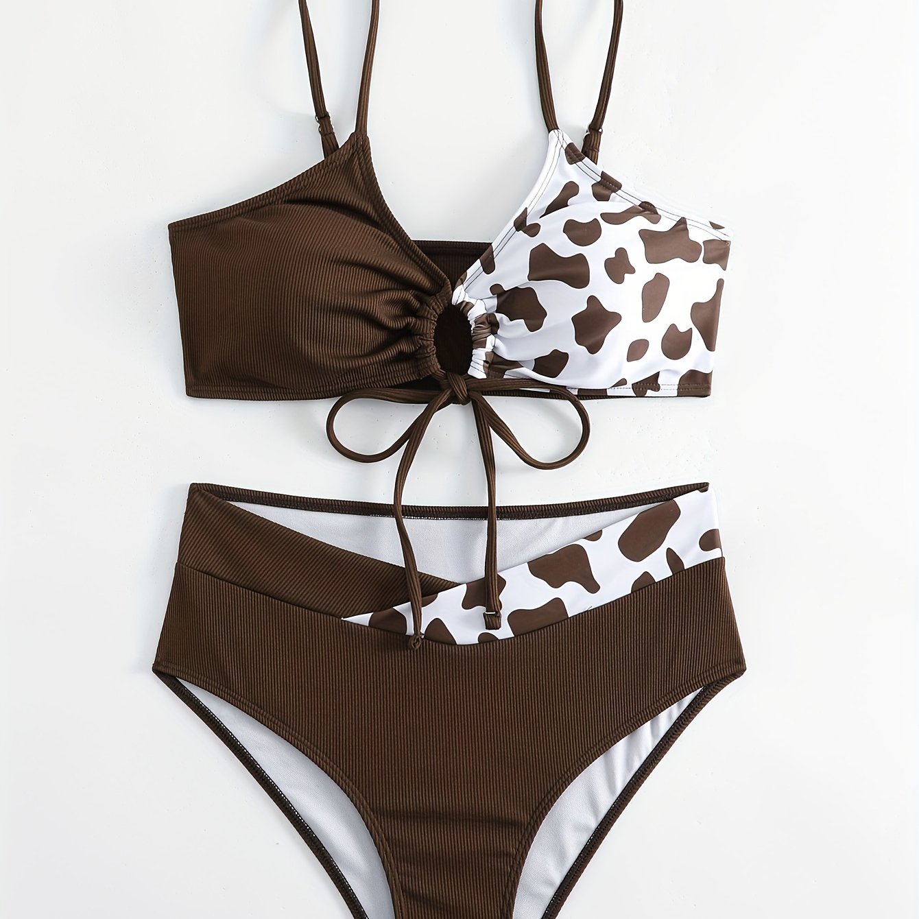 Brown Cow Print Bikini Set - Fashionable Ribbed Texture with Crossover Tie Front & Spaghetti Strap Hollow Out Design - A Flattering 2 Piece Swimwear Ensemble for Women