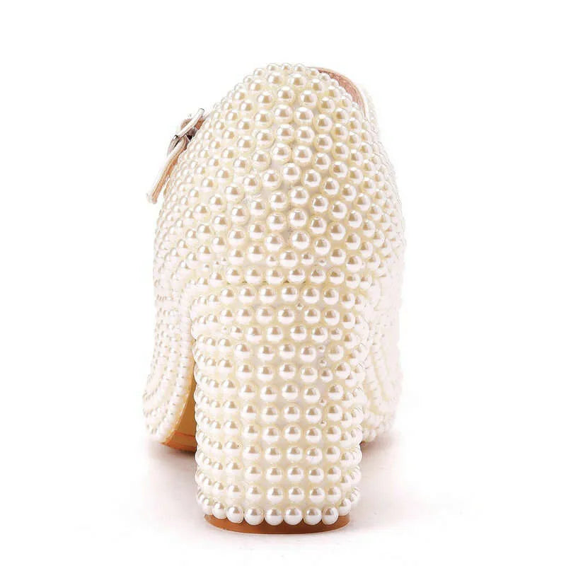 Wedding Pumps Thick Heel Round Head Single Lolita White Pearl Bride Shoe Korean Version Of Girl Princess Shoes Kq8