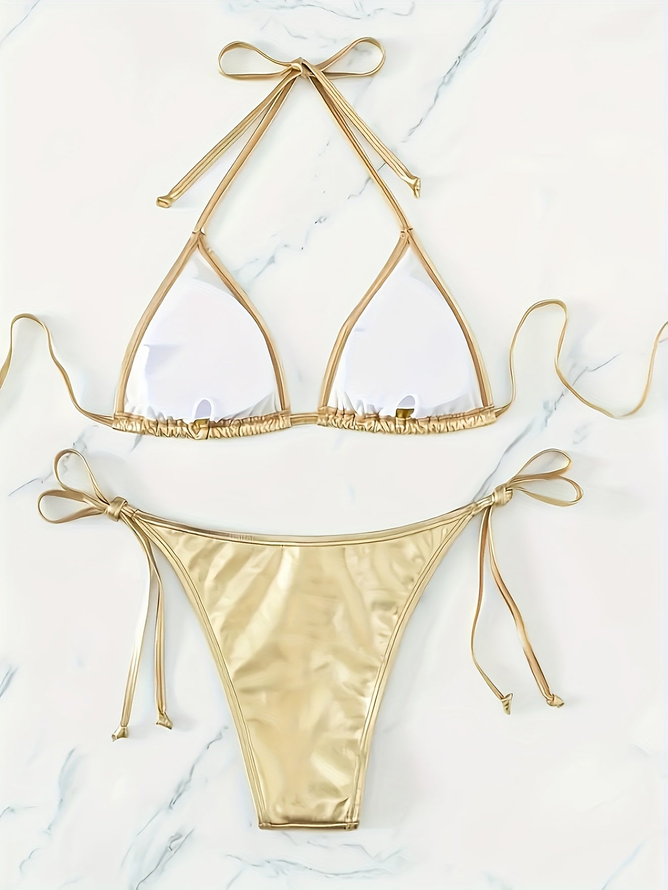 Glittering Golden Metallic 2-Piece Bikini Set - Halter Triangle Top & High-Waist Bottoms - Womens Fashion Swimwear Ensemble