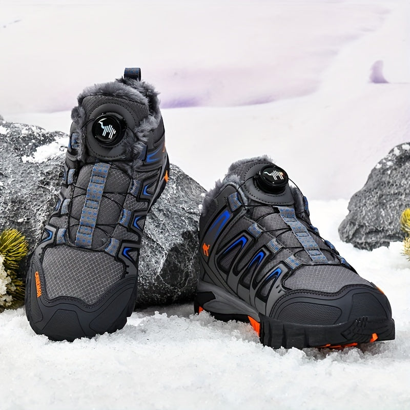 Men's Casual Fuzz Lined Winter Snow Shoes, Anti-skid Windproof Ankle Shoes With Rotary Buckle Design For Outdoor