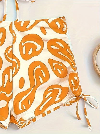 2-Piece Chic Bikini Set with Expressive Pattern - Comfy Criss-Cross & Drawstring Features, Ideal for Beach & Poolside Leisure, Women's Fashion Swimwear