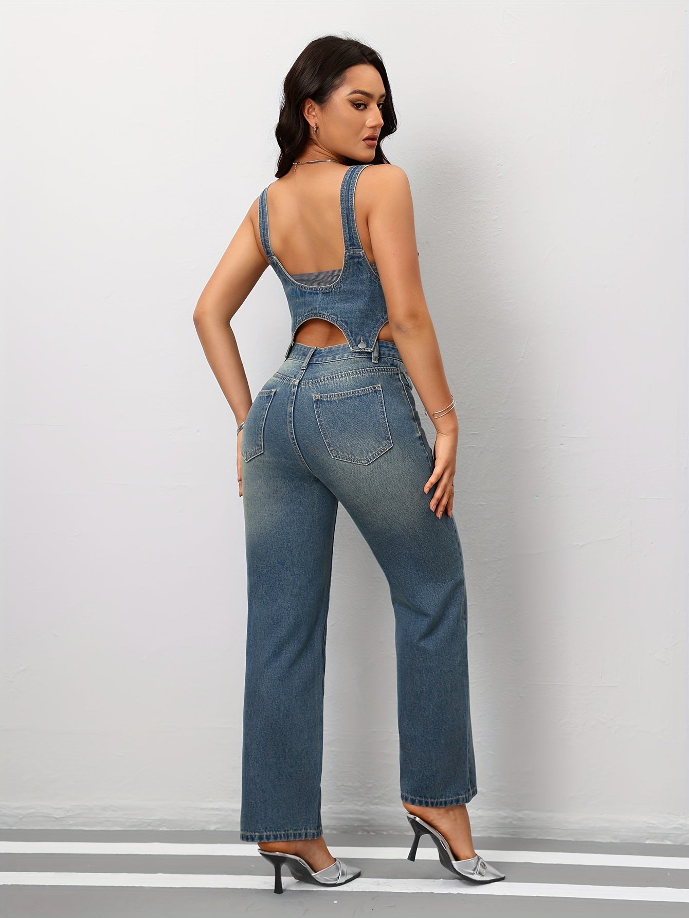 Vintage Blue High-Waisted Jeans with Detachable Straps, Casual Denim Overalls, Slim Fit, Full Length Trouser for Women