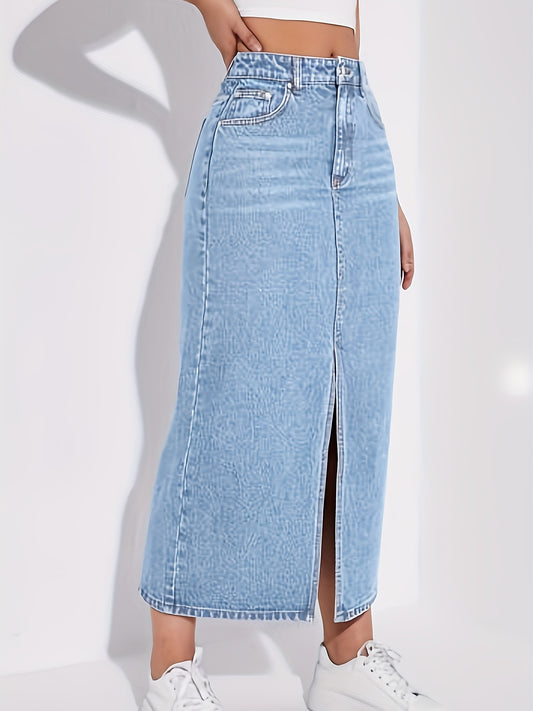 Chic Blue Denim Midi Skirt with Fashionable Split Front - Slant Pockets, Non-Stretch Comfort, Casual Style for Women - Premium Quality Denim Wardrobe Essential