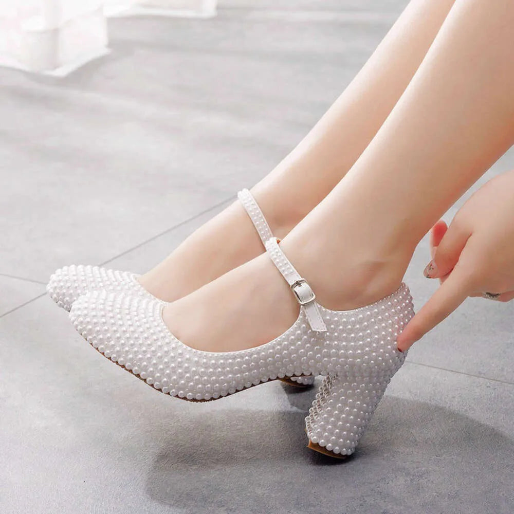 Wedding Pumps Thick Heel Round Head Single Lolita White Pearl Bride Shoe Korean Version Of Girl Princess Shoes Kq8