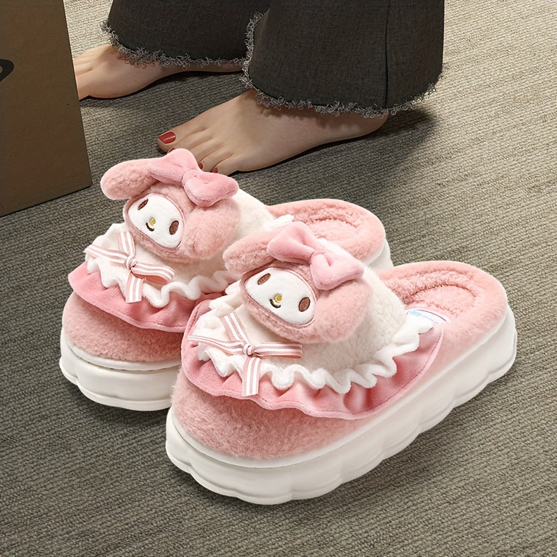 Adorable Sanrio Hello Kitty & Melody Plush Slippers - Soft, Fuzzy, Non-Slip, Warm, Cozy, Slip-On Indoor Shoes for Women and Girls - Perfect for Home, Lounge, or Relaxation