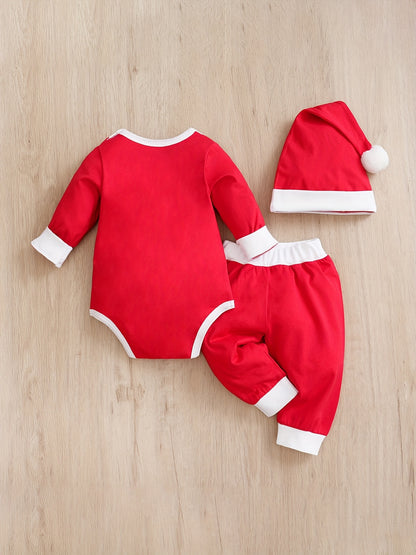 Santa Claus Dress Up Costume Christmas Series Cotton Jumpsuit With Free Hat Set, Toddler Baby's Party Spring Fall Clothes