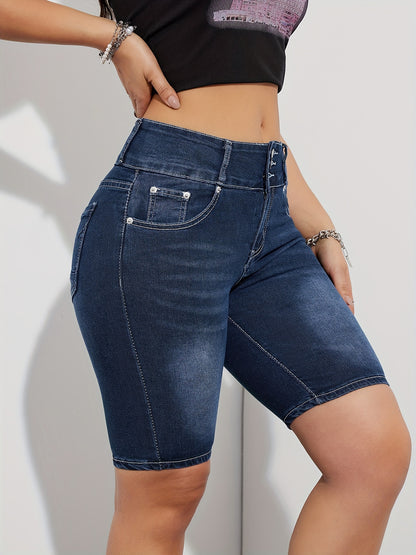 Womens Fashionable Bermuda Denim Shorts - Ultra-Comfortable Stretch with Distressed Whiskering Wash - Trendy Slash Pockets, Single-Breasted Design - Classic Blue Jeans & Casual Clothing Essential