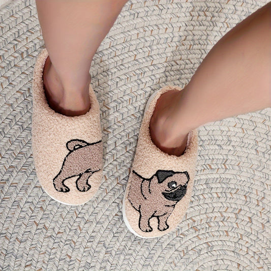 Cozy Cartoon Pug Dog Pattern Slippers - Soft Fabric Lined, Plush Comfortable Indoor Shoes with TPR Sole, Casual Slip-On Design for All-Season Wear - Cartoon Character Print, Fabric Upper, and Anti-Slip Bottom