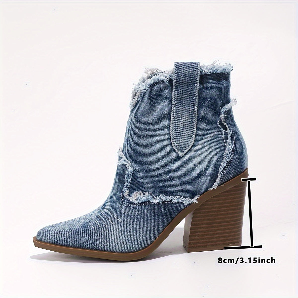 Womens Denim Western Boots - Sturdy & Stylish Chunky Heel, Pointed Toe, Side Zipper Closure - Retro Raw Trim Ankle Booties for a Cowgirl Chic Look