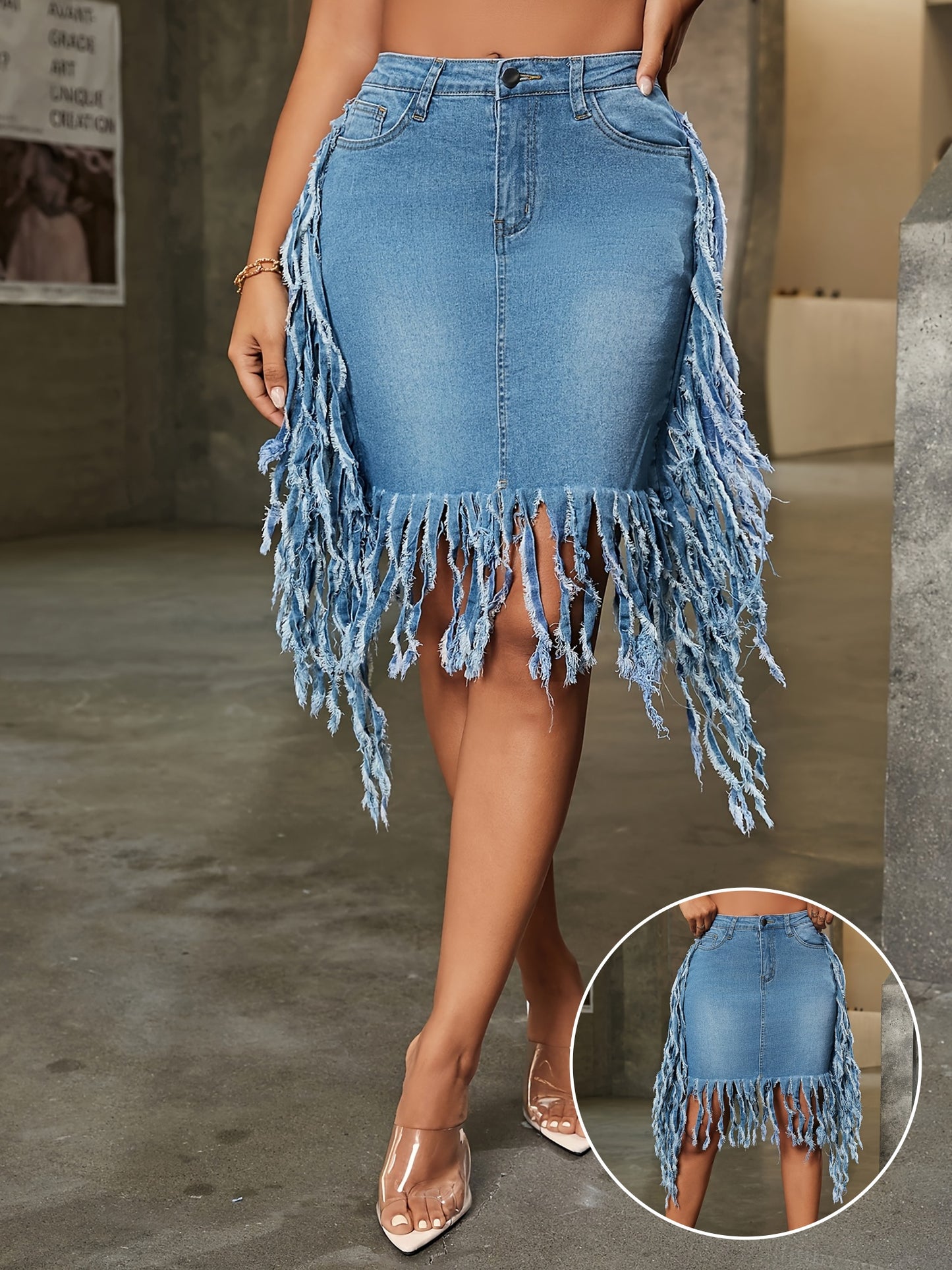 Sexy Fringe Hem Denim Skirt - Flattering Washed Blue Slash Pocket Design, Distressed Hem, Women's Party Style Jeans Clothing for Music Festival and Night Out