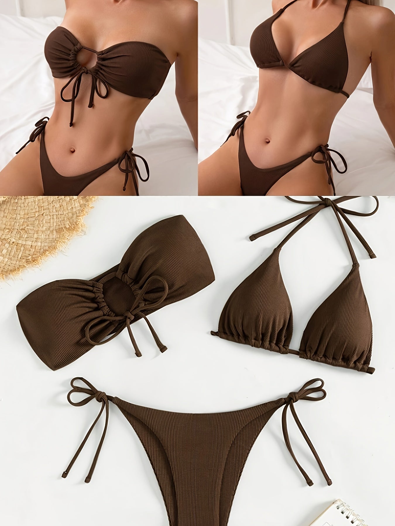 3 Piece Set Off the Shoulder Lace Up Bikini - Medium Stretch Polyester Triangle Top with Tie Side High Cut Bottom Swimsuits - Womens Swimwear for Swimming