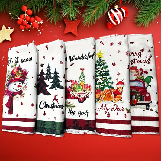 5pcs Soft & Absorbent Christmas Towels - Festive Cartoon Designs with Snowflakes, Trees & More - Perfect for Holiday Decor & Bathroom Essentials, Christmas Decor, Christmas Decorations