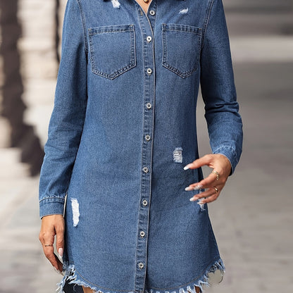 Women's Ripped Raw Hem Long Sleeve Single-breasted Elegant Plain Washed Blue Fashion Denim Dress