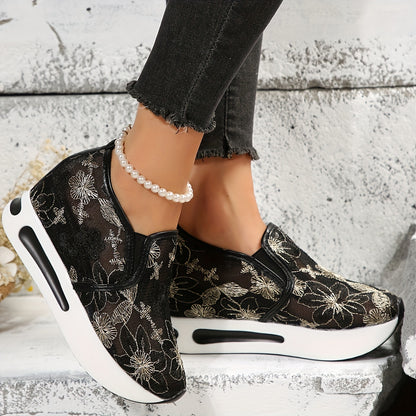 Womens Floral Lace Charm - Casual Height Enhancing Slip-On Shoes with Stylish Platform - Versatile Low Top for Everyday Elegance