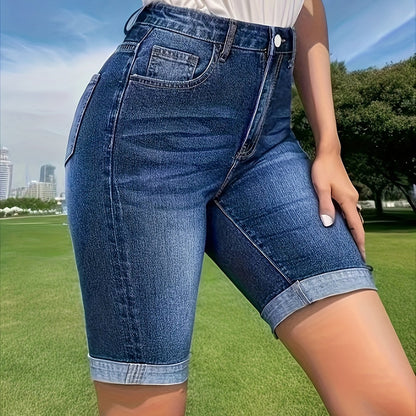 Distressed Whisker Bermuda Denim Shorts - Fashionable Cuffed Leg Opening, Faded Light Blue Wash, Convenient Side Slash Pockets, Relaxed Fit for Everyday Wear - Flattering High-Waisted Design, Designed Specifically for Women