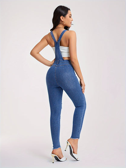 Chic Ripped Denim Overalls for Women - Adjustable Buckle-Strap, Comfort Stretch, Easy-Care | Casual Solid Color Jumpsuit for Spring to Fall