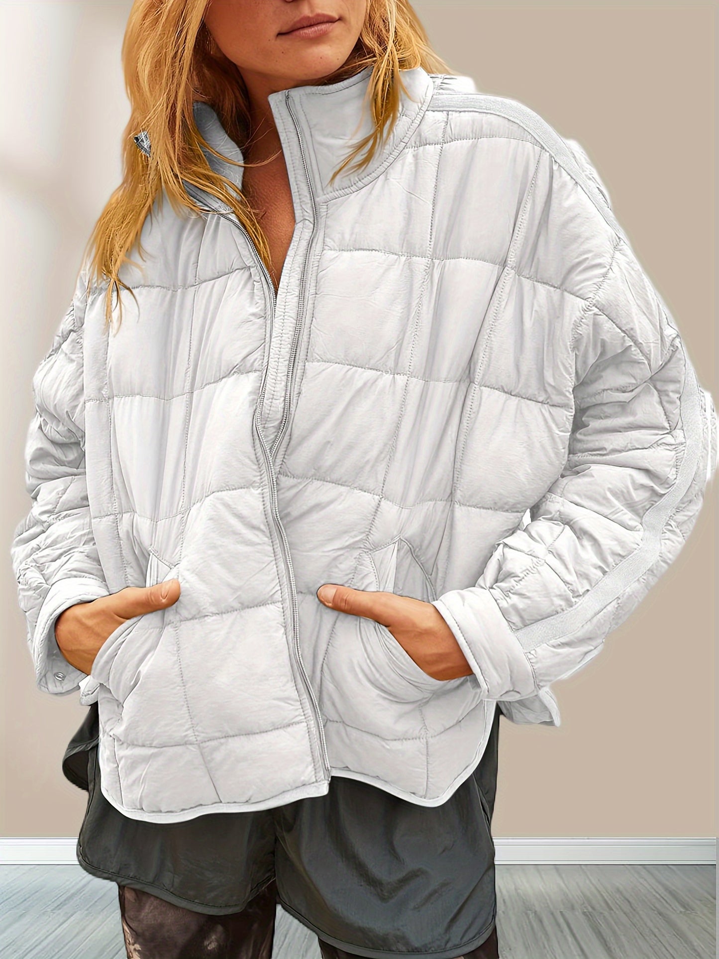 Zip Up Stand Collar Quilted Coat, Casual Long Sleeve Loose Winter Outerwear With Pocket, Women's Clothing