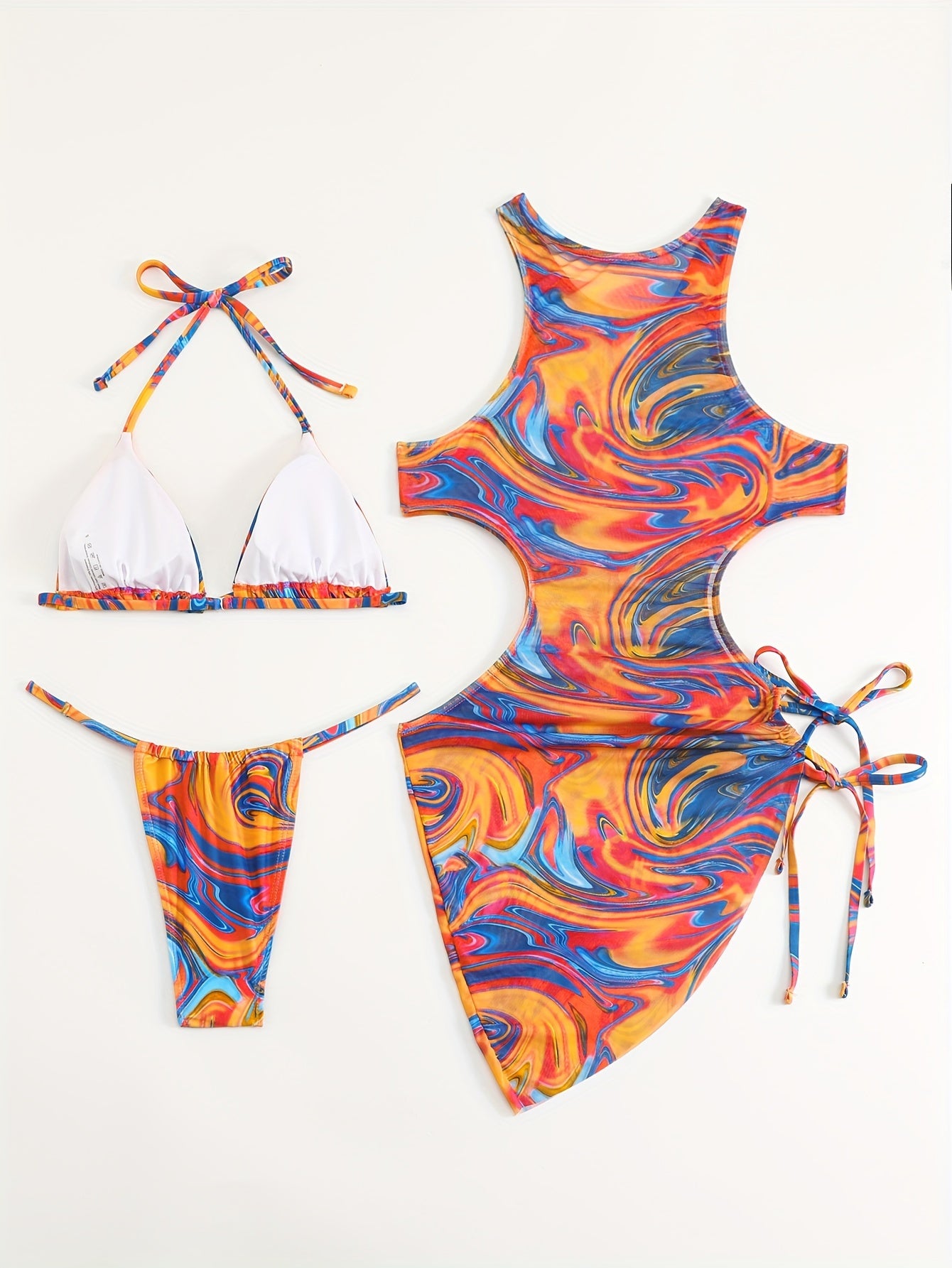 3-Piece Tropical Print Swimsuit Set - High-Stretch, Lace-Up Bikini Top with Tie, High-Waisted Cutout Bottom, Sun Protective Cover-Up Dress, Machine Washable, Polyester Fabric, Knit Construction