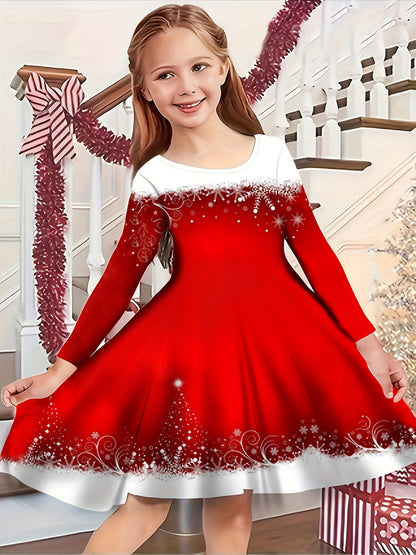 Christmas Themed Children's Long Sleeve Dress - Polyester 100%, Street Style, Knee High, Applique Detail, Tunic Fit, A-Line, Knit Fabric, Slight Stretch, for Ages 2-13, Red and Blue Options with Snowflake and Candy Patterns