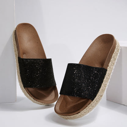 Women's Glitter Sandals Open Toe Glitter Insole Comfortable Suede Slippers Women's Midsole Flat Slippers