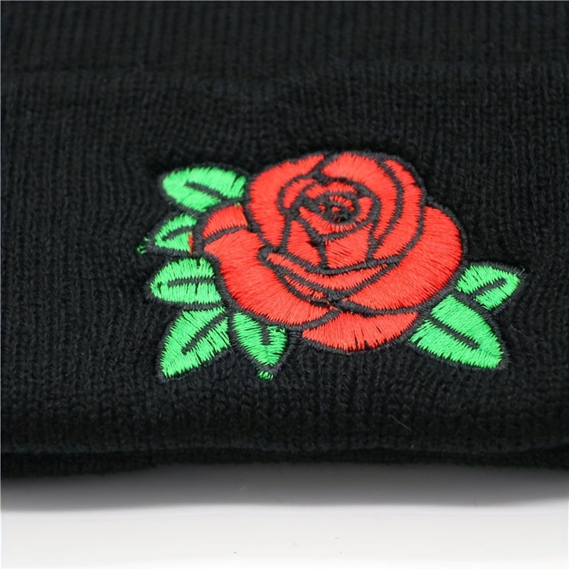 1pc Embellished Rose Windproof Knit Beanie Hat - Unisex Winter Autumn Headwear - Soft, Warm, and Stylish Gift Idea for Men and Women