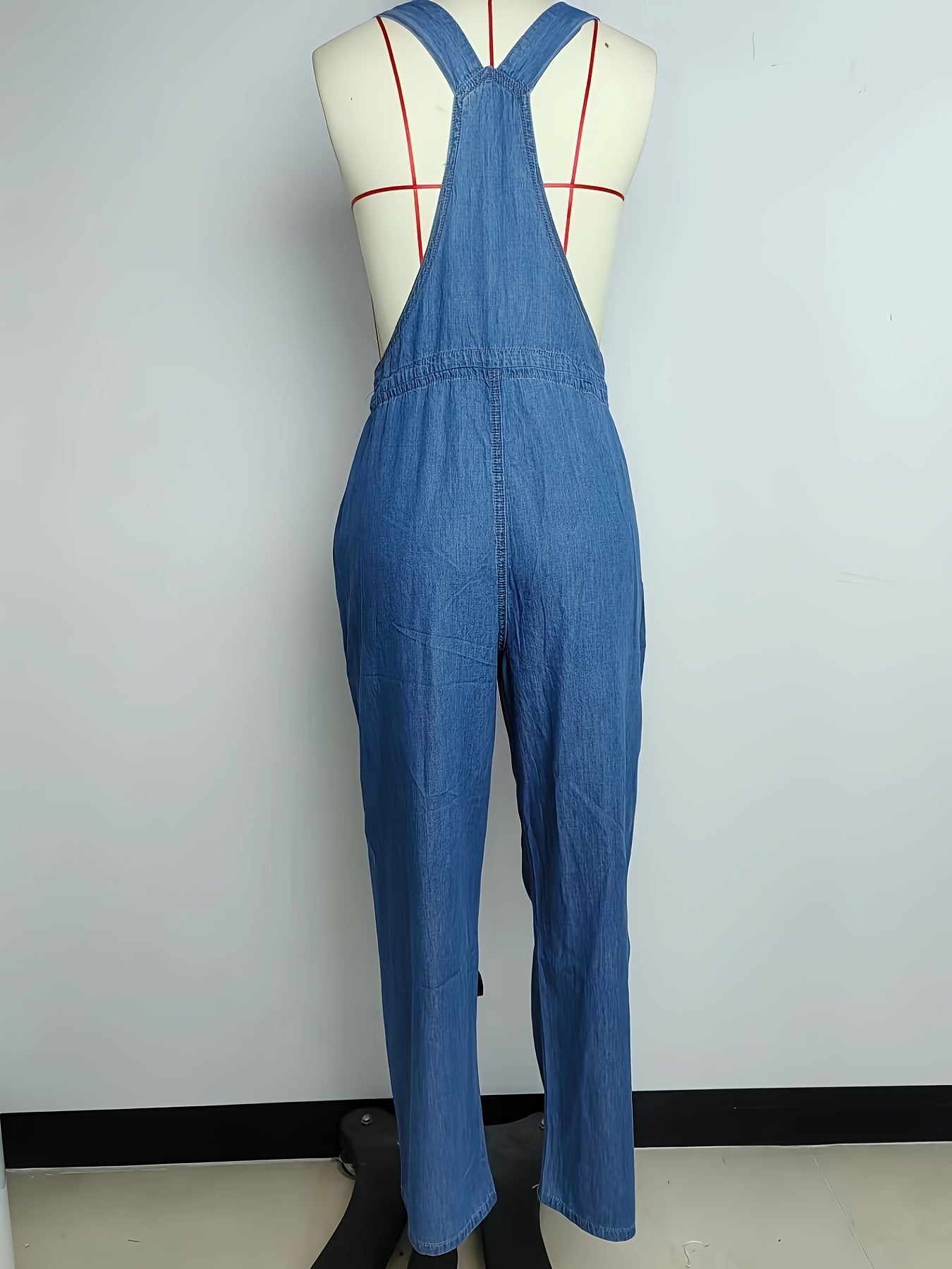 Womens Solid Color Drawstring Waist Non-Stretch Denim Jumpsuit - Casual Fashion Overalls with Patched Pockets, Adjustable Hem, and Relaxed Fit - Perfect for All Seasons