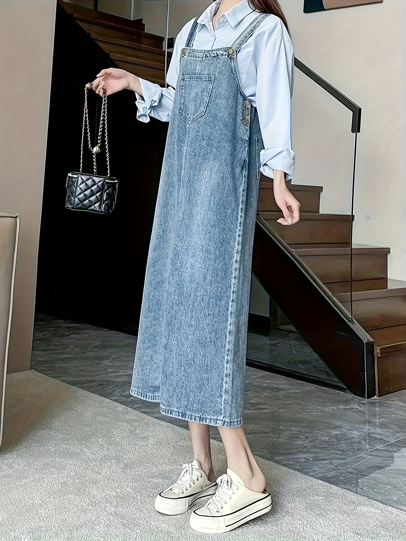 Womens Denim Overall Dress - Relaxed Fit Casual Style, Sleeveless Design, Functional Front Pocket, Versatile Jean Skirt for Perfect Daily Casual Occasions, Ideal for Everyday Wear, Outdoor Activities, and Social Gatherings