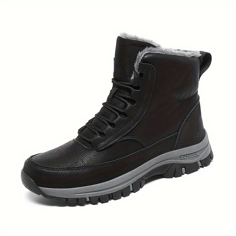 Men's Trendy Solid High Top Hiking Boots, Comfy Non Slip Casual Thermal Shoes, Winter & Autumn