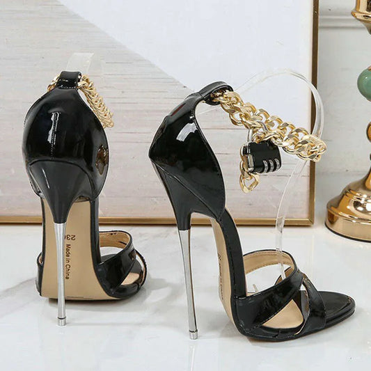 16Cm Extreme Ultra High Heels Heel Women's Plus-Size High-Heeled With Locked Metal Chain Points Night Club Sandals Kq8