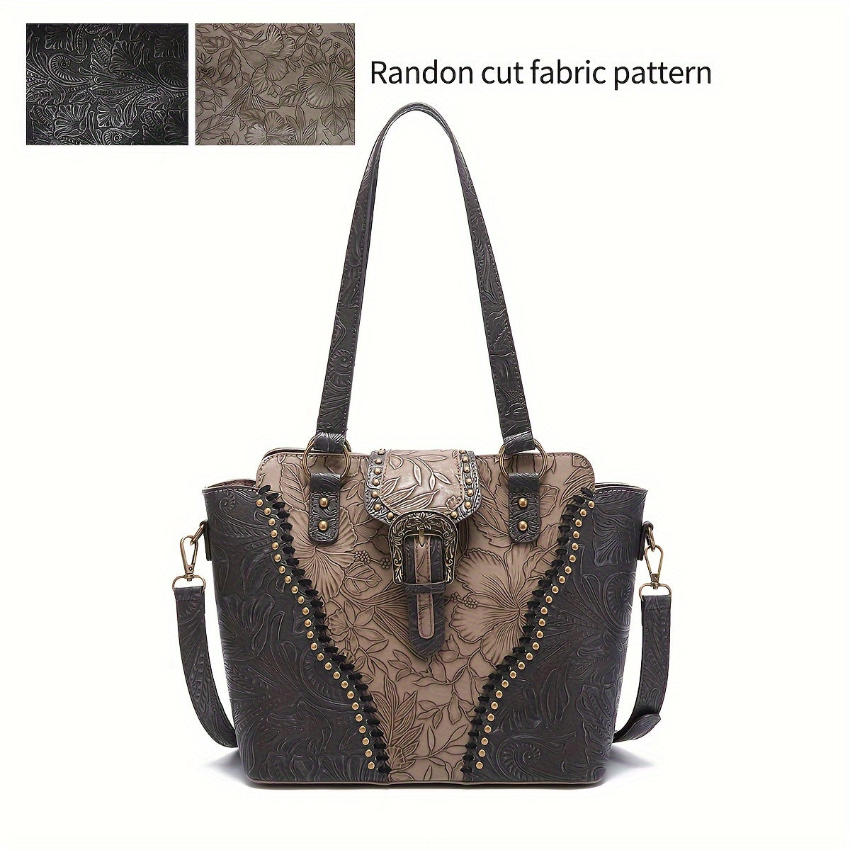 [Fast Arrival] Vintage-Inspired Women's Tote Bag: Classic Rivet Shoulder Bag with Retro Western Style, Floral Pattern Design