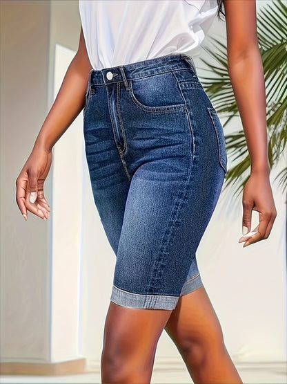 Distressed Whisker Bermuda Denim Shorts - Fashionable Cuffed Leg Opening, Faded Light Blue Wash, Convenient Side Slash Pockets, Relaxed Fit for Everyday Wear - Flattering High-Waisted Design, Designed Specifically for Women