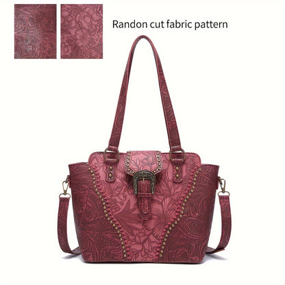 [Fast Arrival] Vintage-Inspired Women's Tote Bag: Classic Rivet Shoulder Bag with Retro Western Style, Floral Pattern Design