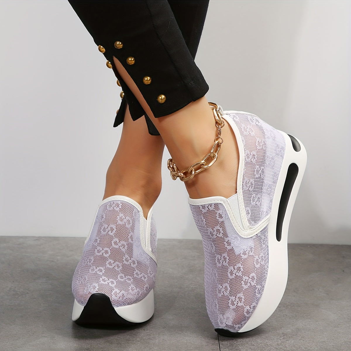 Womens Floral Lace Charm - Casual Height Enhancing Slip-On Shoes with Stylish Platform - Versatile Low Top for Everyday Elegance